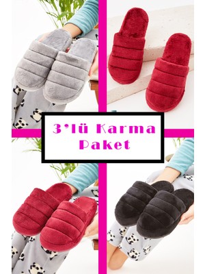 3'lü Paket Ev Terliği Çeyiz Terliği Kışlık Terlik Ses Yapmaz Hafif Taban Taban