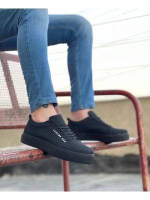 Pabucmarketi Bağcıklı Erkek Spor Ayakkabı Siyah Nubuk (Siyah Taban)