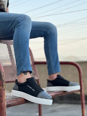 Pabucmarketi Bağcıklı Ekose Detaylı Erkek Spor Ayakkabı Siyah Süet (Beyaz Taban)