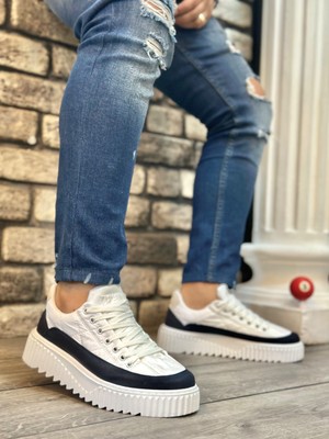 Pabucmarketi Bağcıklı Paraşüt Kumaş Erkek Spor Ayakkabı Beyaz Lacivert (Beyaz Taban)