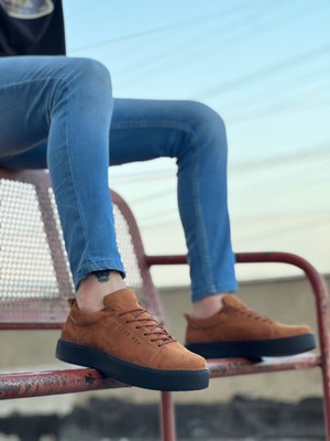 Pabucmarketi Bağcıklı Erkek Spor Ayakkabı Taba Süet (Siyah Taban)