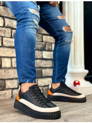 Pabucmarketi Bağcıklı Paraşüt Kumaş Erkek Spor Ayakkabı Siyah Krem Turuncu (Siyah Taban)