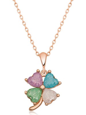 925 Ayar Gümüş Rose Renkli Taşlı Yonca Kadın Gümüş Kolye