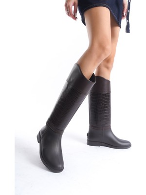 Mubiano MBTB2033-KH Kadın Krokodil Desenli Kahverengi Yağmur Çizmesi