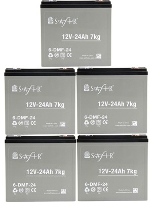 Safir Akü Safir 12 V - 24 Ah Grafen Jel Akü 5'li Set Elektrikli Bisiklet Aküsü Yüksek Performans ve Uzun Ömürlü