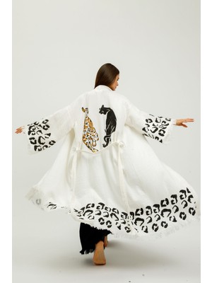 Befera Design Müslin Kimono %100 Pamuklu Leopar Baskılı Desenli Bornoz Kaftan Sabahlık