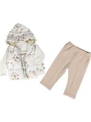 by BebekOdam Kız Bebek Ekru Kahve Çiçek Desenli Şişme Yelekli 3'lü Takım - 1015614