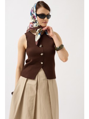 Düğmeli Dokulu Kahverengi Yelek