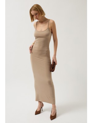 Black Fashion Ince Askılı Maxi Bej Elbise