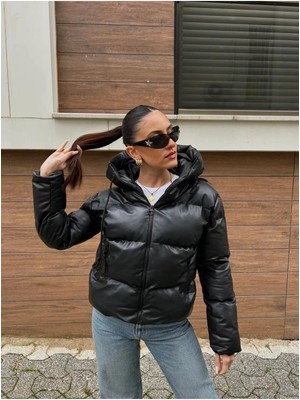 Meecy Kadın Deri Şişme Mont Siyah Uzun Kol Standart Kesim Günlük Model