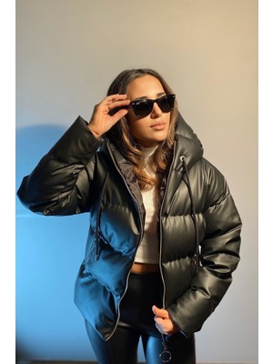 Meecy Kadın Siyah Deri Kapüşonlu Şişme Mont