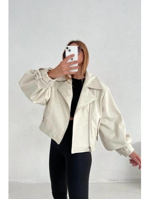 Meecy Kadın Krem Oversize Deri Ceket