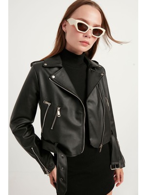 Meecy Kadın Deri Ceket Siyah Fermuar Detaylı Standart Kalıp Günlük Kullanım İçin