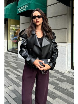 Meecy Oversize Siyah Deri Ceket