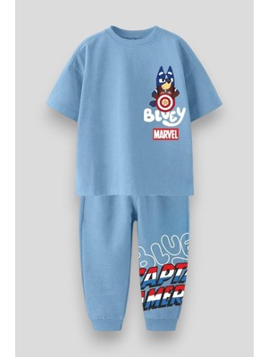 Magu Erkek Çocuk Pamuklu Mavi Bluey & Marvel Baskılı Takım - Kaptan Amerika Temalı