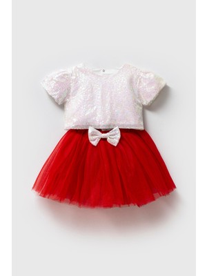 Magu Kız Çocuk Kırmızı Tüllü Payetli Takım - Parlak Beyaz Bluzlu Özel Gün Kombini