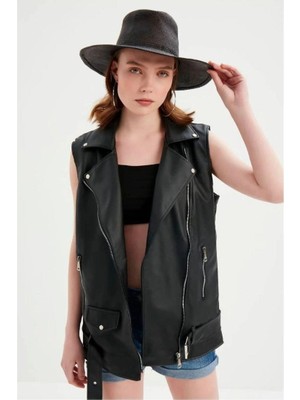 Kadın Siyah Deri Biker Oversize Yelek