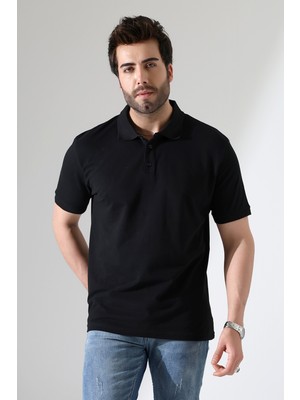 %100 Pamuk Regular Fit Dar Kesim Kısa Kollu Polo Yaka T-Shirt 21844 Siyah