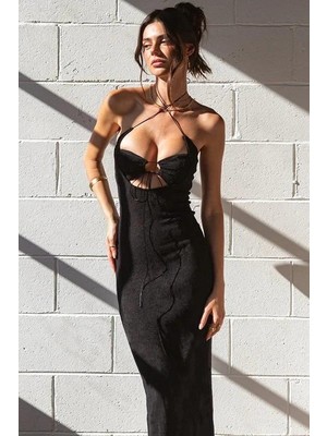 BMD Göğüs Dekoltei Halter Elbise Siyah