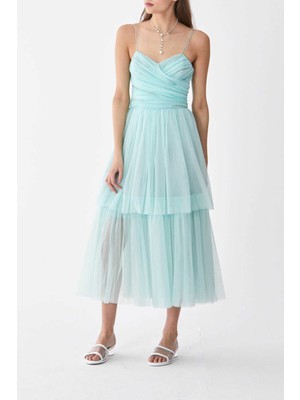 Ip Askılı Drapeli Tüllü Mint Şifon Elbise Mint Y2111342_097