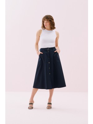 ROMAN Beli Kemerli Önü Çıtçıt Detaylı Midi Boy Etek Lacivert Y2515042_015