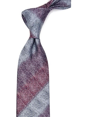 Kravatkolik Bordo - Gri Çizgi Desen Mendilli Klasik Kravat KK13071