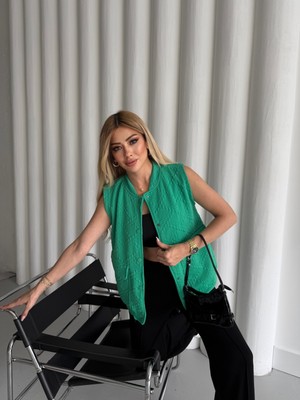 Qimya Butik Buketli Kadın Kapitone Çıt Çıtlı Yelekli Kontras Renk Pantolonlu Alt - Üst Ikili Takım