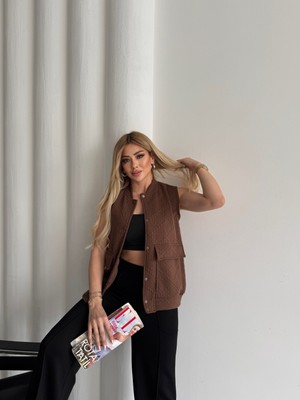 Qimya Butik Buketli Kadın Kapitone Çıt Çıtlı Yelekli Kontras Renk Pantolonlu Alt - Üst Ikili Takım