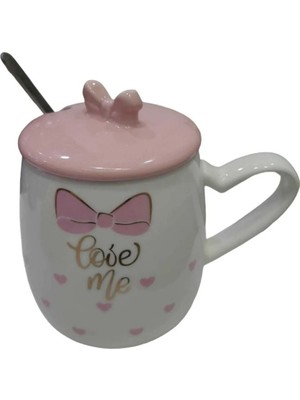 Es Dekor Porselen Kupa Bardak Mug Hediyelik Ürün Metal Kaşıklı Kapaklı Beyaz Pembe 1 Adet