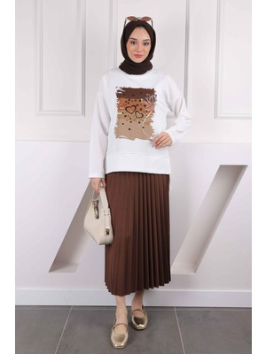 İmaj Butik Kahve Mint Pilise Etekli Baskılı Krep Takım