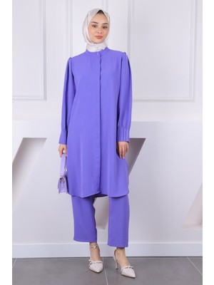 İmaj Butik Lila Hakim Yaka Kolu Nervürlü Tunik Pantolonlu Takım