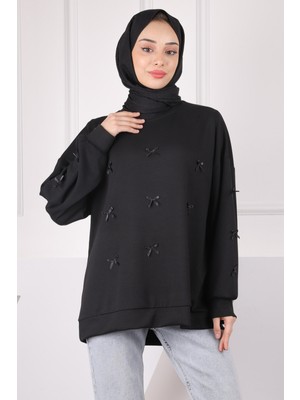 İmaj Butik Siyah Kurdele Detaylı Modal Sweat