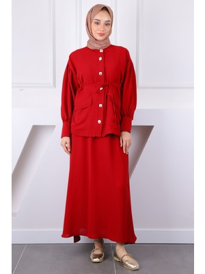 İmaj Butik Bordo Kol Büzgülü Ceket Etekli Takım