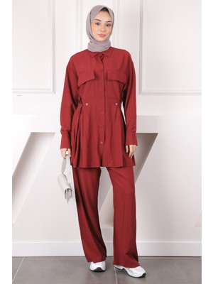 İmaj Butik Bordo Cepli Tunik Pantolonlu Takım