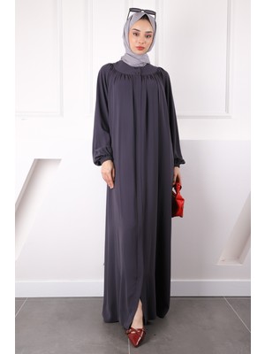 İmaj Butik Füme Kol Lastikli Fermuarlı Ferace