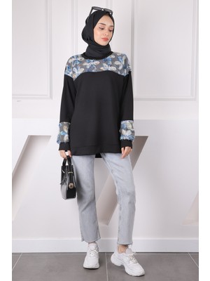 İmaj Butik Siyah Tül Çiçek Garnili Modal Sweat