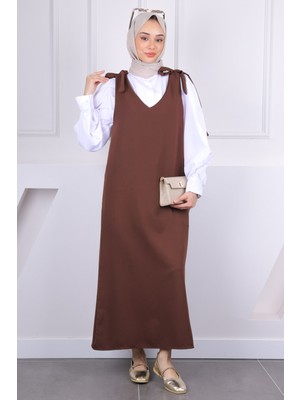 İmaj Butik Kahverengi Omzu Bağlamalı Jile Dokuma Kumaş Klasik Desen Kadın Elbise Uzun Kol