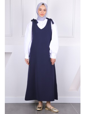 İmaj Butik Lacivert Omzu Bağlamalı Klasik Jile Pamuklu Modal Kumaş Düz Desenli Kadın Elbise