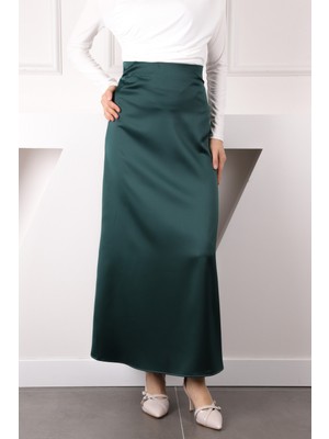 İmaj Butik Zümrüt Yeşili Yan Fermuarlı Saten Kloş Etek