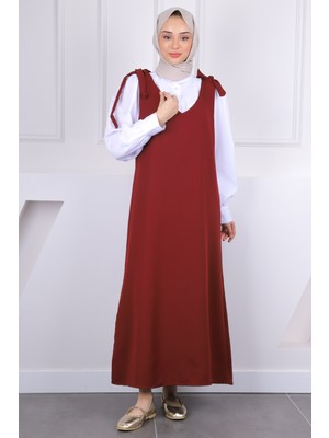 İmaj Butik Bordo Colorblock Desenli Omzu Bağlamalı Jile Pamuklu Modal Kumaş Kadın Kloş Kalıp