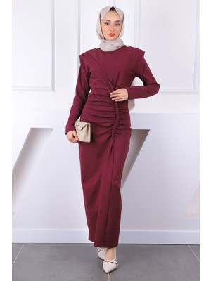 İmaj Butik Bordo Ön Büzgülü Vatkalı Elbise