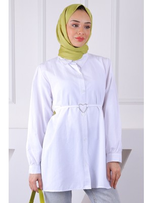 İmaj Butik Beyaz Kuşaklı Düğmeli Gömlek