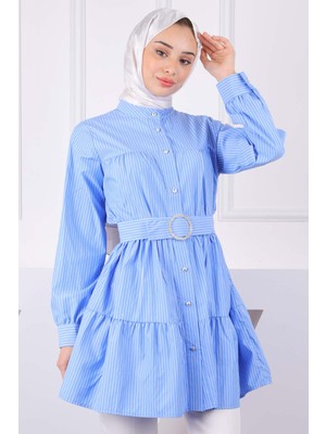 İmaj Butik Mavi Hakim Yaka Çizgili Poplin Tunik