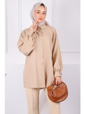 İmaj Butik Bej Kol Bağlamalı Keten Tunik