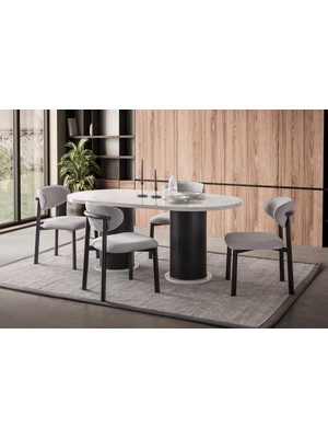 EDSY HOME Modern Tasarımlı Mermer Desen Oval Masa Takımı MDF Malzemeden 180x90 cm Boyutlarında