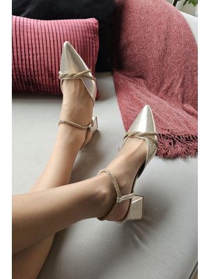 Topukla  10 1754 Kadın Bilekden Bağlamalı Taşlı Kalın Topuklu Abiye Ayakkabı