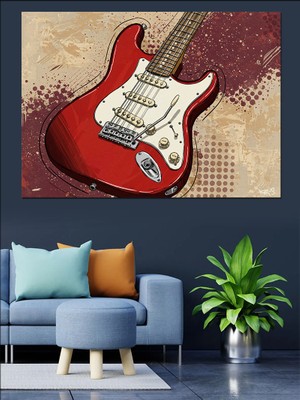 Kırmızı Elektro Gitar Dekoratif Kanvas - Mdf Ahşap Tablo