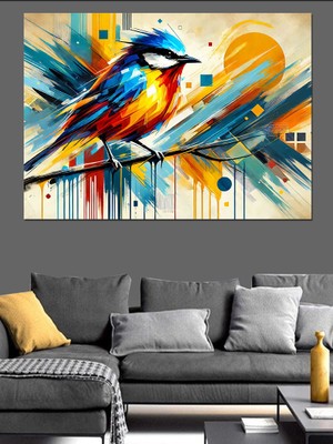 Renkli Kuş Illüstrasyonu Dekoratif Kanvas - Mdf Ahşap Tablo