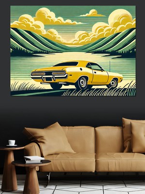 Retro Sarı Araba Dekoratif Kanvas - Mdf Ahşap Tablo
