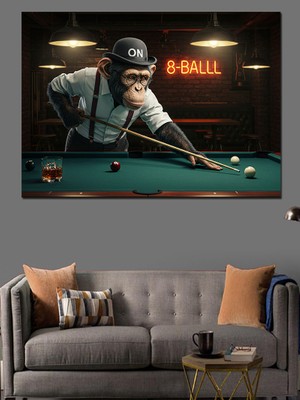Maymun Bilardo Oyuncusu Odaklanmış Dekoratif Kanvas - Mdf Ahşap Tablo